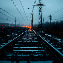 Obraz premium Wet Train Tracks Receding into a Foggy Distance