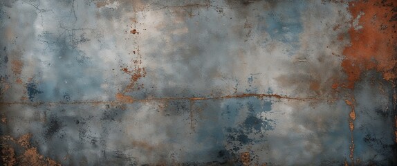 Fototapeta premium The style is reminiscent of a rustic, industrial aesthetic with a mix of muted colors, primarily shades of gray and blue, interspersed with subtle hints of rust and brown.