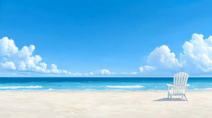 White Adirondack Chair on Sandy Beach Under a Bright Blue Sky