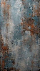 Fototapeta premium The style is reminiscent of a rustic, industrial aesthetic with a mix of muted colors, primarily shades of gray and blue, interspersed with subtle hints of rust and brown.