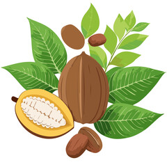 coffee bean, cacao, and leaves