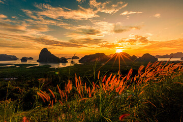 A distant natural background of a large mountain in the middle of the sea, Phang Nga Bay, Thailand,...