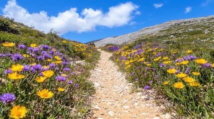 Obraz premium Blooming Wildflowers Along a Mountain Trail on a Sunny Day
