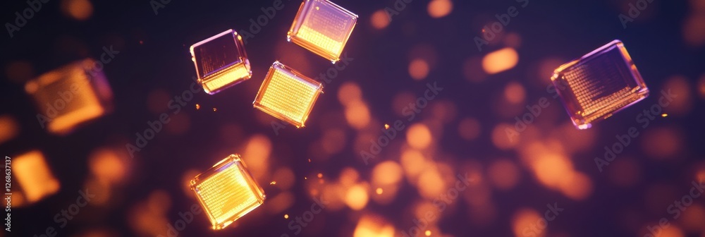 Aufkleber Floating geometric shapes illuminated by warm light in a dark background during a digital art presentation. Generative AI