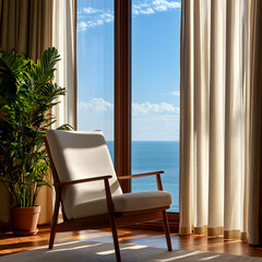 Obraz premium White Chair with Ocean View and Sunlight