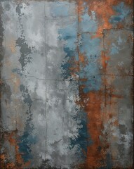 The style is reminiscent of a rustic, industrial aesthetic with a mix of muted colors, primarily shades of gray and blue, interspersed with subtle hints of rust and brown.