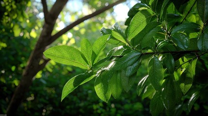 Sunlight filtering through lush green leaves forest location nature photography serene environment close-up viewpoint