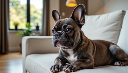 Adorable French bulldog relaxing on a comfortable couch in a modern living room