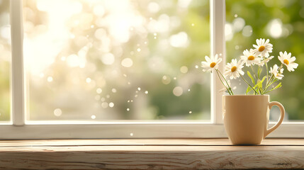 White Daisies in a Beige Cup on a Sunny Windowsill