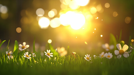 Obraz premium White Daisies in Green Grass at Sunset