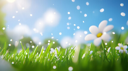 Obraz premium White Daisy in Sunny Green Grass Field