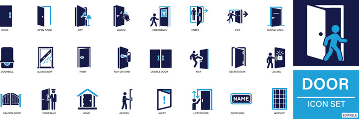 Door icon set enter, exit, doorbell, knock, open door, home, closed door, pull You can easily change the color.
