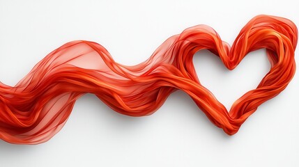 Fototapeta premium Abstract image of flowing orange fabric forming a heart shape on a white background. The fabric is soft and delicate with subtle texture and light