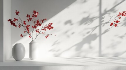 minimalist white room with red flower branch in vase