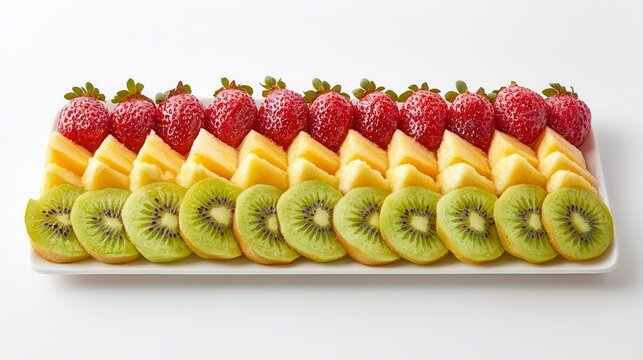 Halal organic snacks for healthy munching. Colorful fruit platter with strawberries, kiwis, and pineapples arranged beautifully.