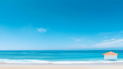 Fototapeta premium White House on Sandy Beach with Blue Ocean and Sky