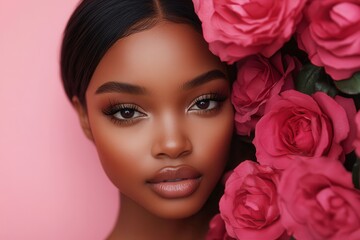Fototapeta premium Valentine's Day Themed Makeup Look Featuring Roses Framing an African American Woman's Face. Generative AI