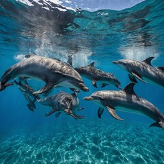 Naklejka premium A pod of dolphins playing in crystal-clear blue waters.