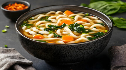Udon noodle soup with carrots and spinach, dark background
