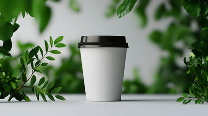 White Paper Coffee Cup Surrounded by Lush Green Leaves