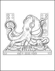 AI Generated Line Art Illustration of a DJ Octopus with Headphones and Turntables  Whimsical Underwater Scene  Cute and Playful  Children's Book Style  Black and White  Coloring Page