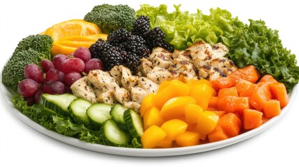 A fresh and healthy meal featuring a variety of colorful fruits and vegetables on a white background, symbolizing proper nutrition