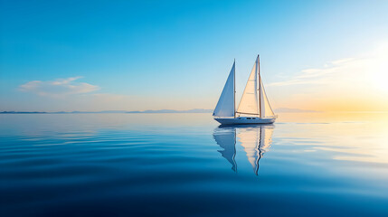 Fototapeta premium White Sailboat on Calm Ocean at Sunset