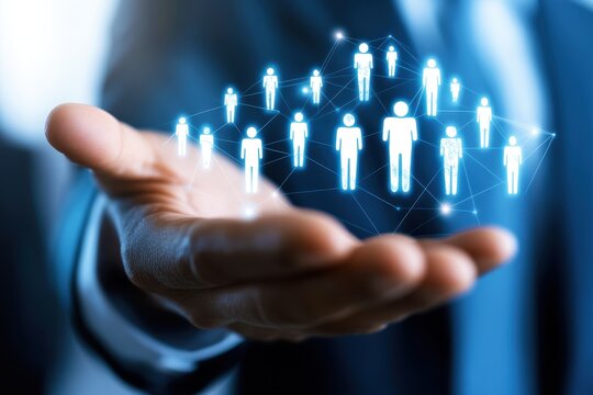 Hand Holding Digital Network of People Icons Representing Connectivity, Social Interaction, and Online Community in a Modern Business Environment