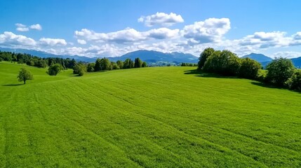 Naklejka premium A vibrant green field stretches beneath a clear blue sky dotted with fluffy white clouds. Distant mountains are visible on the horizon, adding depth