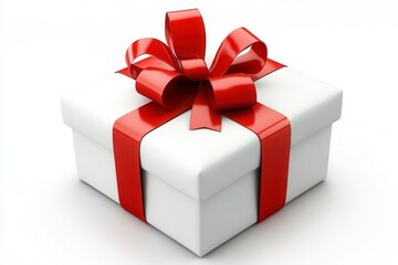 Obraz premium Elegant White Gift Box Adorned With a Vibrant Red Ribbon Resting on a Clean White Background. Generative AI