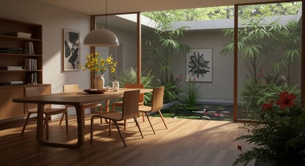 Fototapeta premium Dining Room with Garden View and Natural Light Interior Design