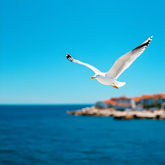White Seagull in Flight Over Blue Ocean and Coastal Town