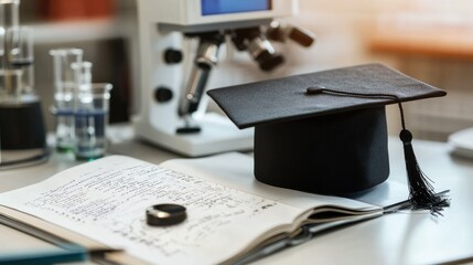 A graduation cap resting on an open science journal, with laboratory equipment in the background, highlighting academic accomplishments in scientific fields