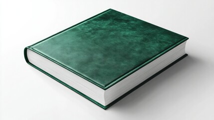 A hardcover book with a glossy metallic green finish, sharp edges, and a minimalist design, placed on a pristine white background