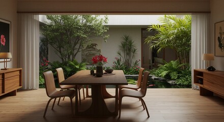 Fototapeta premium Dining Room with Garden View Table Setting and Natural Light