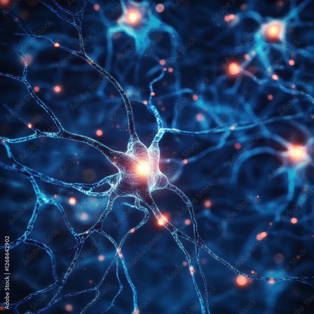 Aufkleber Neurons communicate and transmit electrical signals in a vibrant blue neural network. Generative AI