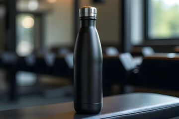 Black stainless steel water bottle on a table in a modern setting