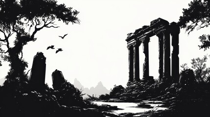 Fototapeta premium Ancient ruins temple location silhouette art monochrome landscape elevated heritage preservation