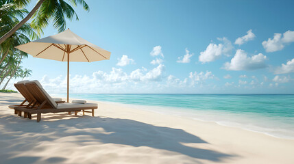 Obraz premium White Umbrella and Lounge Chairs on a Tropical Beach