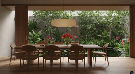 Obraz premium Dining Table with Garden View and Modern Lighting Design