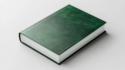 A minimalist hardcover book with a rich green metallic sheen, placed at an angle on a pure white background for a modern aesthetic
