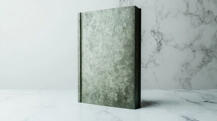 A minimalistic hardcover book with a deep metallic green sheen, standing upright on a flawless white surface