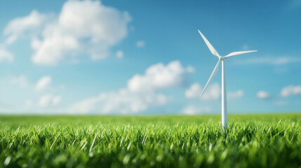 White Wind Turbine in a Green Field under a Blue Sky