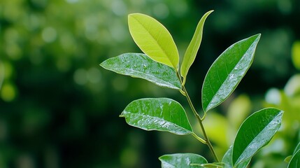 Obraz premium Close up of vibrant green leaves with water droplets, shallow depth of field, soft focus background. Lush foliage in natural light. Tranquil and