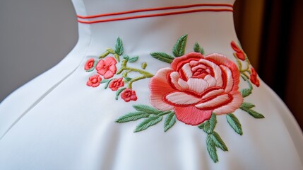 Close up view of a white garment embellished with delicate pink and green rose embroidery. The fabric's texture and intricate stitching are
