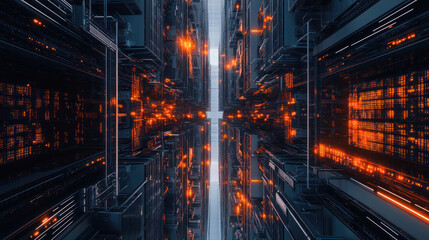 Futuristic city core, vertical perspective, glowing tech