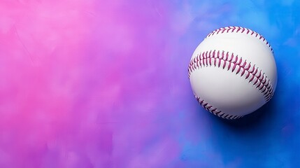 Close up shot of a white baseball with red stitching, positioned against a vibrant background that blends shades of pink, purple, and blue, creating