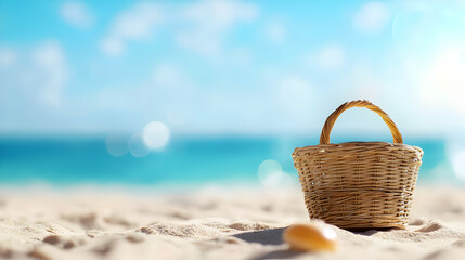 Wicker Basket on Sandy Beach with Ocean View
