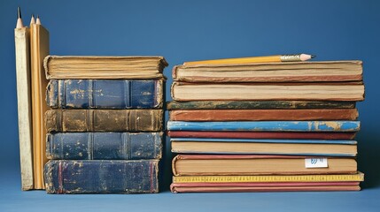 A pile of textbooks with clean spines, sitting next to sharpened pencils, rulers, and sticky notes, symbolizing education
