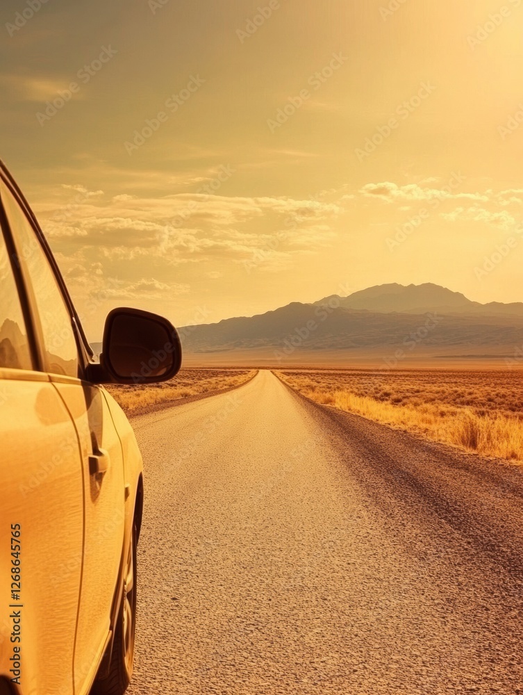 Poster driving along a desert road under warm orange skies with distant mountains creating a serene landsca